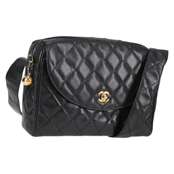 CHANEL Matelasse Shoulder Bag Grained Calf Skin Black Gold CC Auth yk19085A - Picture 1 of 16